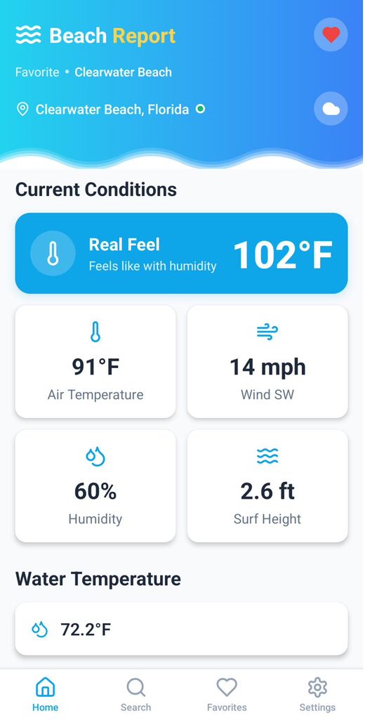 Beach Report current conditions screen for Clearwater Beach showing real feel 102 degrees, air temperature, wind, humidity, surf height and water temperature