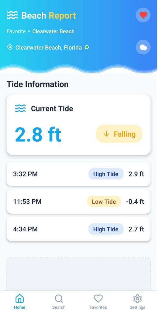 Beach Report tide information screen showing current tide 2.8 feet falling and upcoming high and low tide predictions