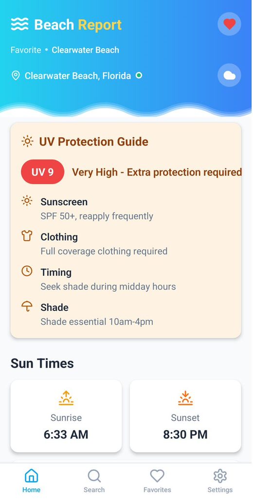 Beach Report UV protection guide screen showing UV index 9, very high, with sunscreen, clothing, timing and shade tips